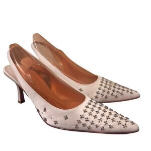 Nina White Beaded Slingback Heels 6.5 Kitten Heel Leather Sole Bridal Dust Bag